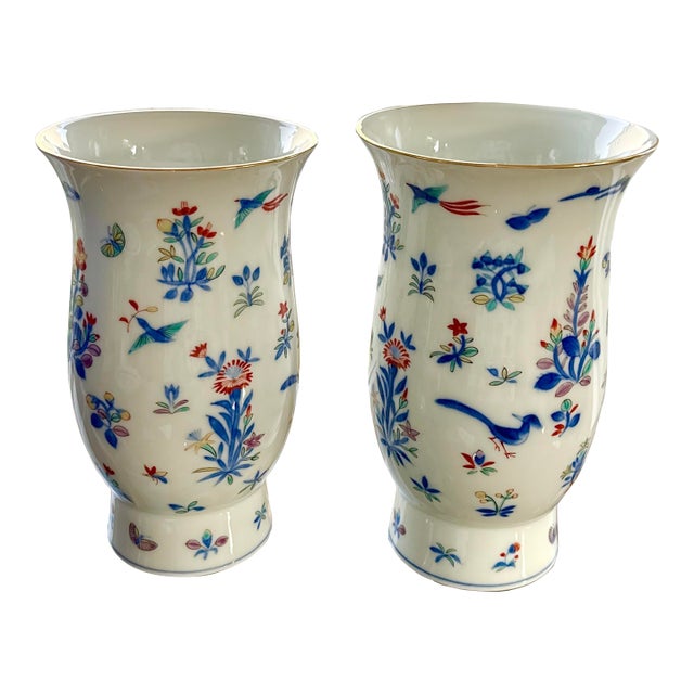 1940s Asian Floral & Butterfly Vases - A Pair For Sale