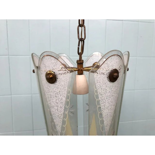 Green Vintage Suspension Chandelier in Brass and with Decorated Glass Lampshades, Italy, 1950s For Sale - Image 8 of 12
