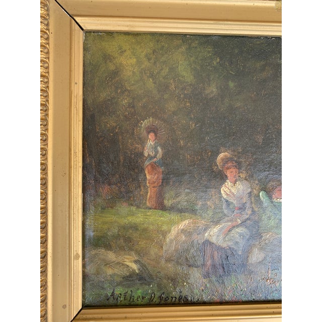 Antique Hand Painted Framed Oil on Canvas Ladies in a Landscape Painting For Sale - Image 14 of 16