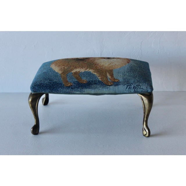 Mid-Century Modern Vintage Pomeranian Tapestry Upholstered Cast Brass Cabriole Legs Footstool For Sale - Image 3 of 10