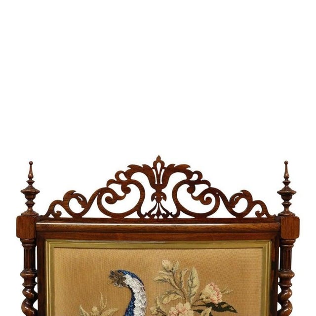 Victorian Barley Twist Rosewood Bead Embroidered Peacock Fireplace Screen C1870 For Sale - Image 6 of 11