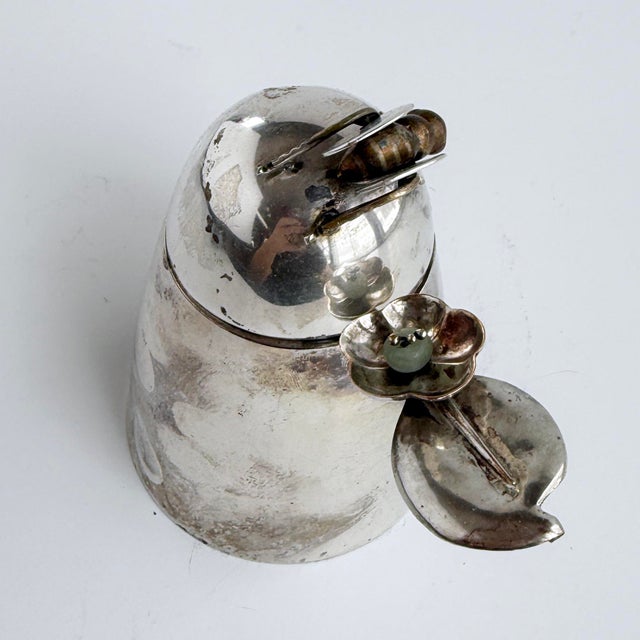 Los Castillo Taxco Mexican Silver Plate Honey Pot With Bee and Floral Spoon For Sale In Buffalo - Image 6 of 10