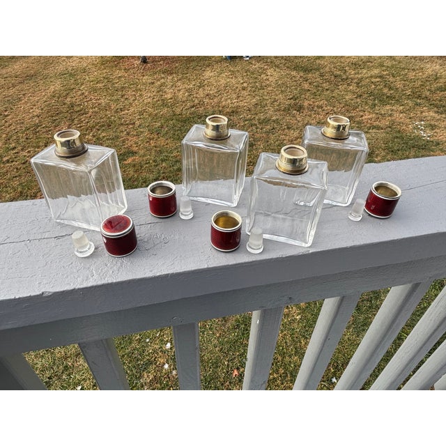 19th C. Red Guilloche Enamel, Sterling and Crystal Vessels - Set of Four Large Fragrance Bottles For Sale - Image 6 of 10