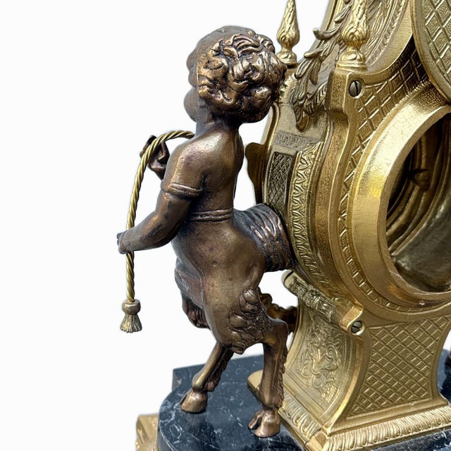 Vintage Italian Gilt Bronze & Marble Rococo Lyre Clock With Faun Figurals For Sale - Image 6 of 8