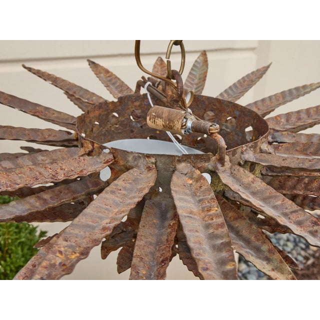 Mid 20th Century Spanish Gilt Metal Sunburst Chandelier with Frosted Glass For Sale - Image 10 of 11