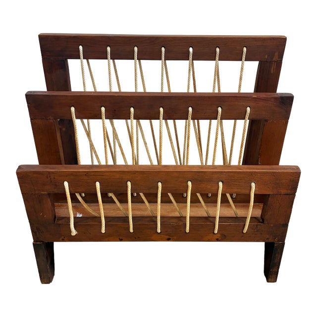 Vintage Danish Modern Style Wood Magazine Rack With Rope Lacing For Sale