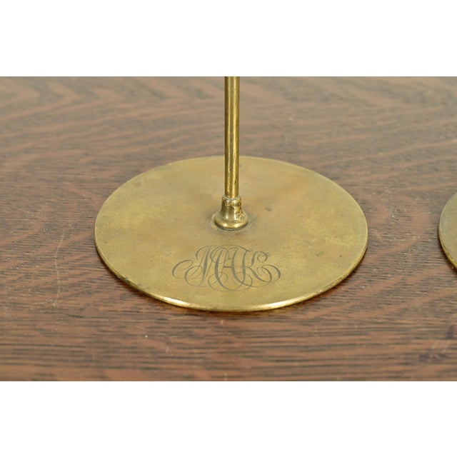 Brass Robert Jarvie Style Antique Arts & Crafts Turned Brass Tall Candlesticks, Pair For Sale - Image 8 of 11