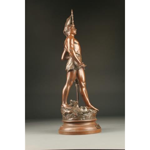 19th-century French Régule statue by Perron, circa 1870, featuring a soldier holding a banner and sword, presented in a...