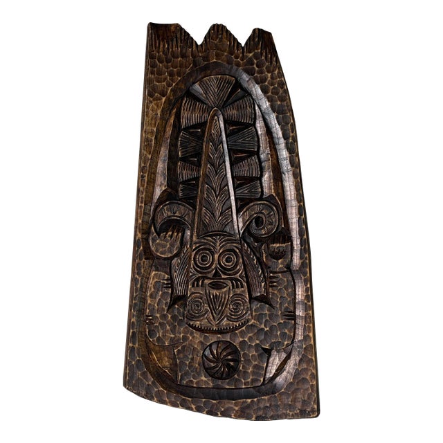 Vintage African or Mayan Hand Carved Wood Wall Art For Sale
