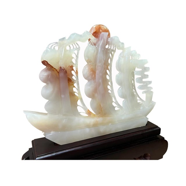 2020s Chinese White Jade Stone Flags Ship Vessel Fengshui Display Figure For Sale - Image 5 of 7