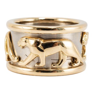 Vintage Cartier Iconic Mahango Walking Panther 18k Yellow & White Gold Band Ring, Size 5 For Sale