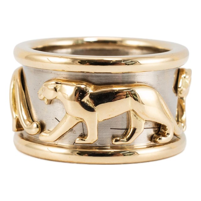 Vintage Cartier Iconic Mahango Walking Panther 18k Yellow & White Gold Band Ring, Size 5 For Sale