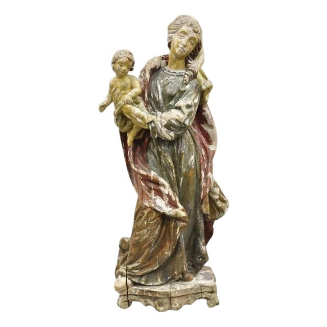 Antique Spanish Latin Polychromed Carved Wood Figure Madonna and Child Statue For Sale