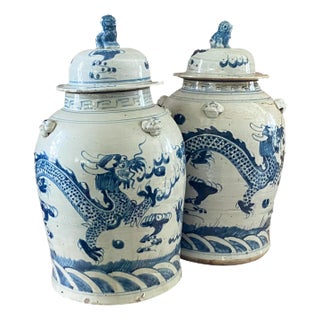 Chinoiserie Blue and White Porcelain Ginger Jars With Dragons -Pair For Sale