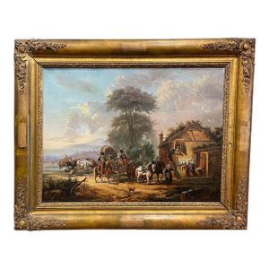 Mid-19th Century French Napoleon III Oil on Canvas in Carved Giltwood Frame