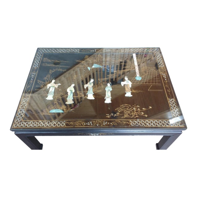 Antique Chinoiserie Black Accent Table Asian Design Geisha Glass Top For Sale