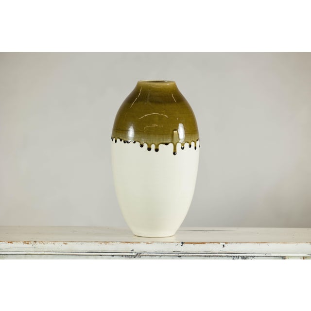 Artisan Tall Ceramic Vase in Cream and Olive Glaze with Expressive Drip Rim For Sale In New York - Image 6 of 12