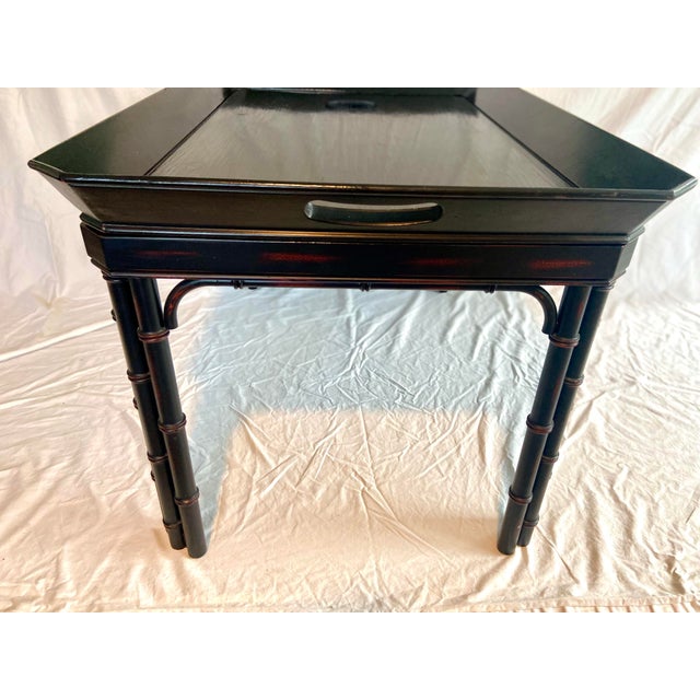 Chinoiserie Vintage Baker Furniture Faux Bamboo With Fretwork Asian Chinoiserie Tray Table For Sale - Image 3 of 11