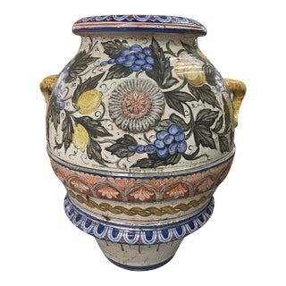 Monumental Vintage Italian Majolica Floor Urn With Raised Fruit Relief For Sale