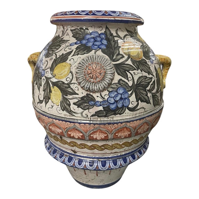 Monumental Vintage Italian Majolica Floor Urn With Raised Fruit Relief For Sale