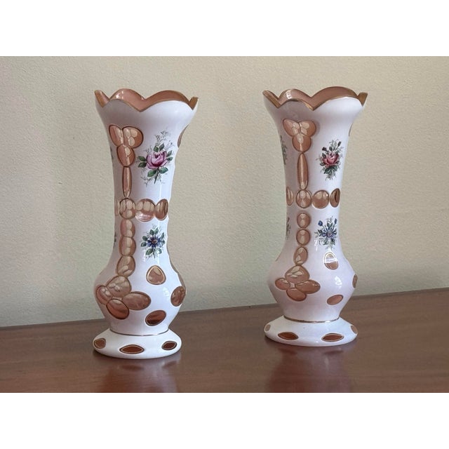 Glass Pair of Antique Bohemian White & Pink Cased Art Glass Vases With Hand-Painted Floral Decoration For Sale - Image 7 of 12