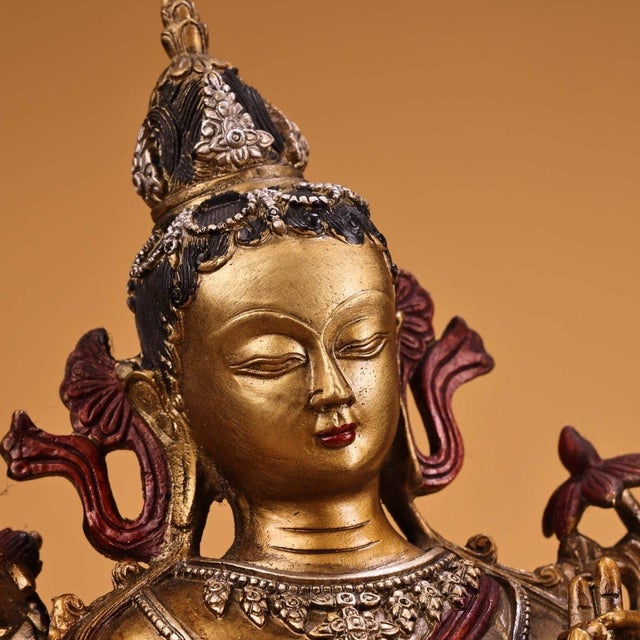 Late 20th Century Large Vintage Gilt Bronze Green Tara Statue - Tibetan Himalayan Buddhist Sculpture For Sale - Image 5 of 10