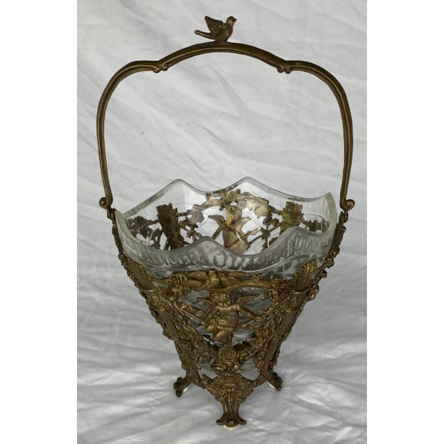 Vintage Brass Filigree and Cut Glass Basket Vase with little birdie topped handle. Glass insert is 6" Dia. x 4"H