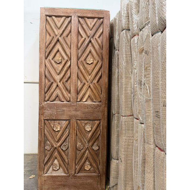 Antique Rustic Geometric Chevron Hand-Carved Wooden Doors 80x30 For Sale - Image 4 of 7