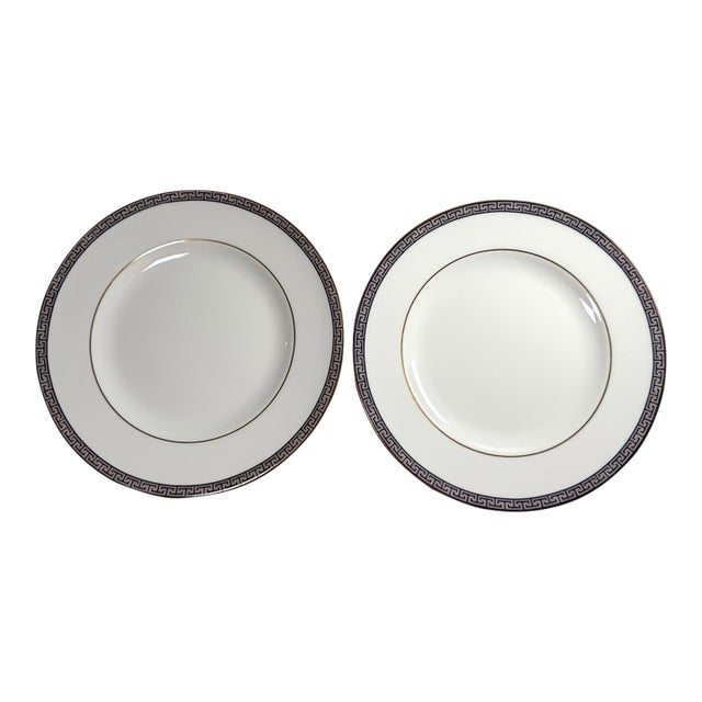 Vintage Wedgwood Palatia Dinner Plate 10 3/4” Bone China England R4700 Blue Gold Greek Key-Set of Two For Sale