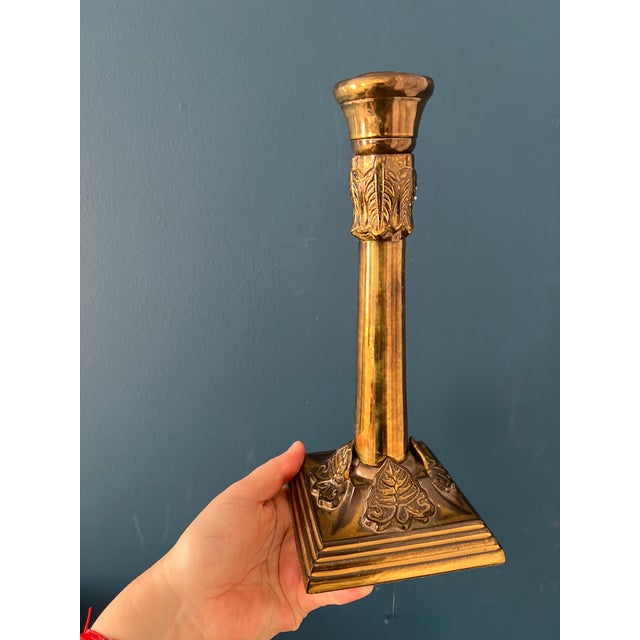 English Antique Brass Candlesticks With Ivy Relief Bases, Circa 1900 For Sale - Image 14 of 17