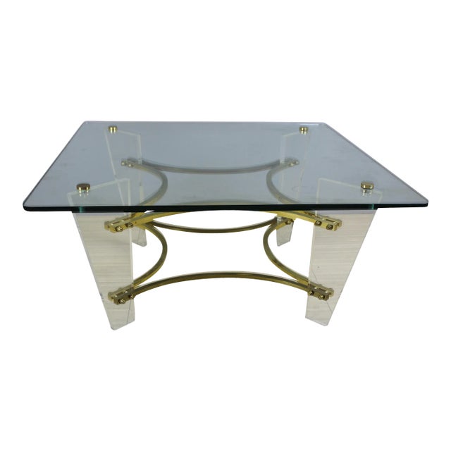 1970's Lucite & Brass Coffee Table For Sale