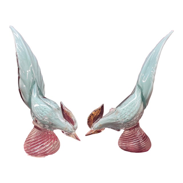 Pair of 1970s Pheasant Birds in the Style of Murano Lite Blue and Gold Glass Figure Ex For Sale
