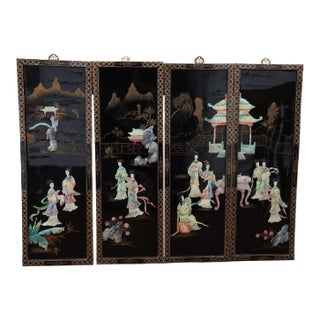 Mid 20th Century Chinese Black Lacquer 4-Panel Wall Screen – Raised Hardstone & Mother-of-Pearl For Sale