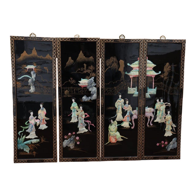 Mid 20th Century Chinese Black Lacquer 4-Panel Wall Screen – Raised Hardstone & Mother-of-Pearl For Sale
