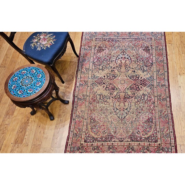 Persian 19th Century Persian Kerman Lavar Rug, Hand-Knotted Wool, Floral Pattern, Ivory & Red, 4x6 For Sale - Image 3 of 15