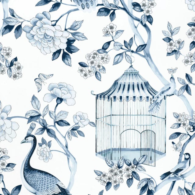 Contemporary Sample - Schumacher Oiseaux Et Fleurs Wallpaper in Porcelain For Sale - Image 3 of 3