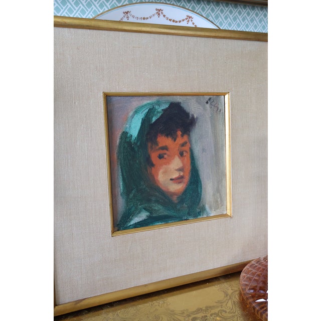 Signed Vintage Expressionist Portrait in Emerald Headscarf—Custom Gilt Frame For Sale - Image 13 of 18