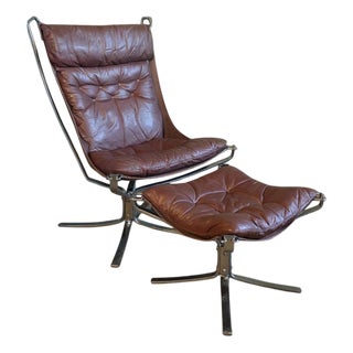 Set of Brown High-Backed Falcon Chair with Ottoman by Sigurd Resell For Sale