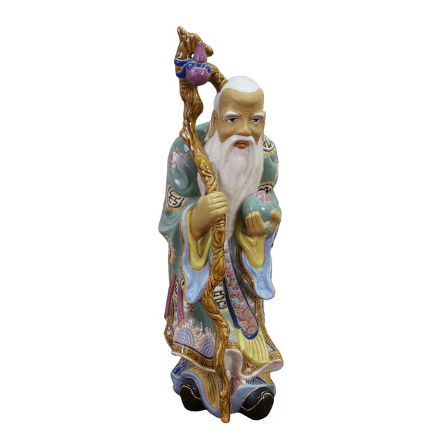 Set of three very large and impressive vintage Chinese Chinoiserie Fu Lu Shou Imortal Star God ceramic statues /...