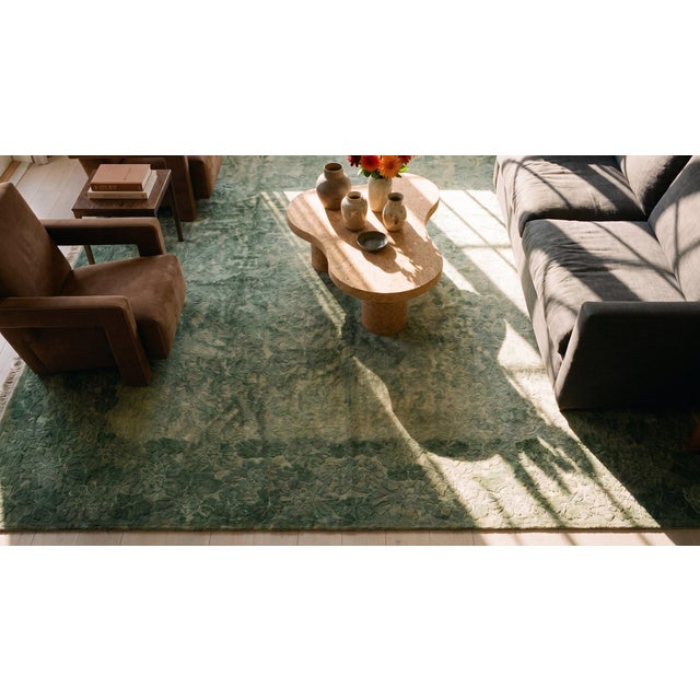 Textile 1930s Green Floral Antique Chinese Art Deco Rug 9' X 12' Handknotted Wool Carpet For Sale - Image 7 of 7