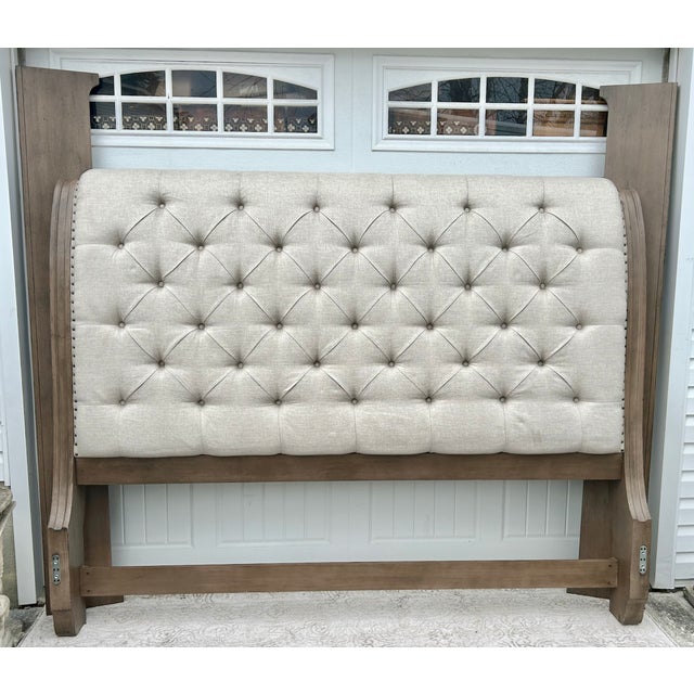 Wood King Sleigh Bed Vintage Transitional Style Tufted Upholstered Linen Taupe For Sale In Philadelphia - Image 6 of 15