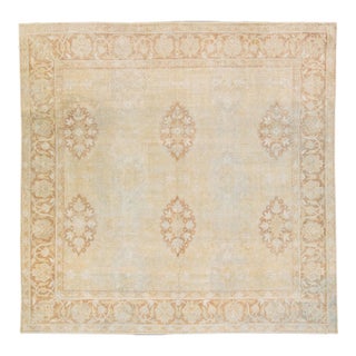 1920s Beige Antique Indian Agra Handmade Square Wool Rug With Allover Motif For Sale