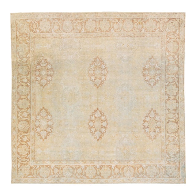 1920s Beige Antique Indian Agra Handmade Square Wool Rug With Allover Motif For Sale