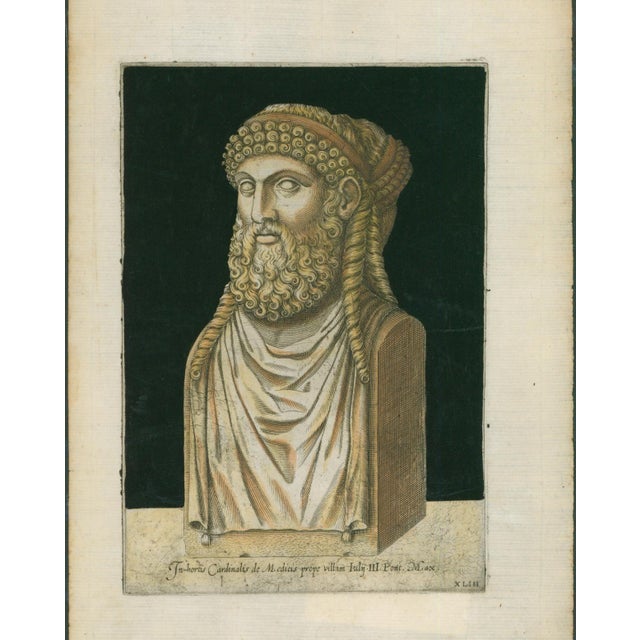 Original 16th-century Old Master engraving of an elaborate bearded and draped antique herm. Plate XLIII from Aquiles...
