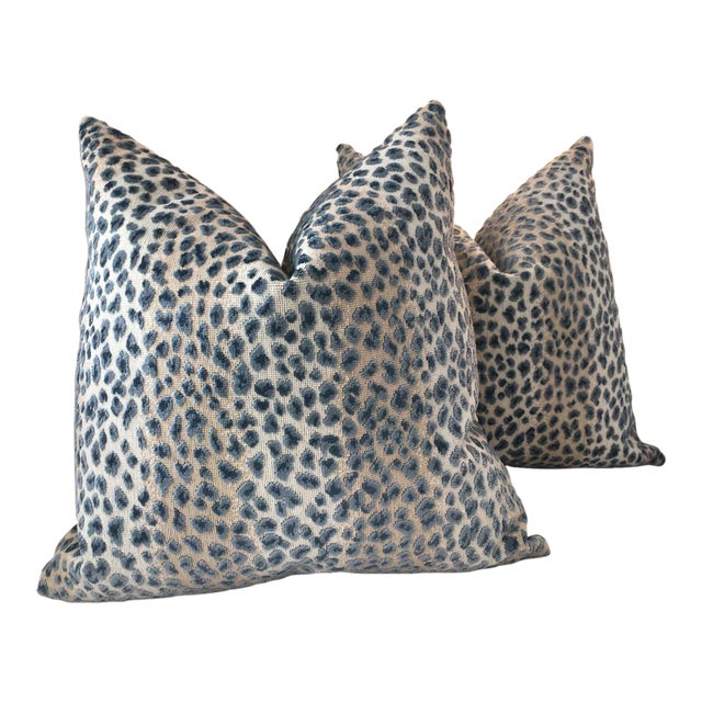 Cowtan and Tout Ocelot Raised Azure Blue Velvet Cheetah 18" Pillow - Single For Sale - Image 4 of 5
