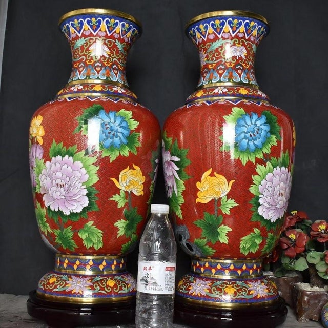 Chinese Pair of Monumental Chinese Cloisonné Vases | Gilt Floral & Bird Motif With Stands For Sale - Image 3 of 9