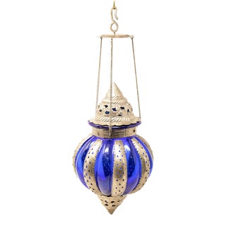 Mid-Century Pewter Moroccan Lantern with Blue Glass For Sale