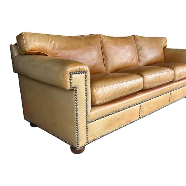 Vintage English Leather Sofa Tan Color Nail Head Trim Feather Down Cushions For Sale - Image 13 of 18