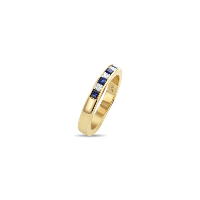 Contemporary Half Carat Diamond Sapphire Wedding Band 14k Yellow Gold, Size 4 For Sale - Image 3 of 5