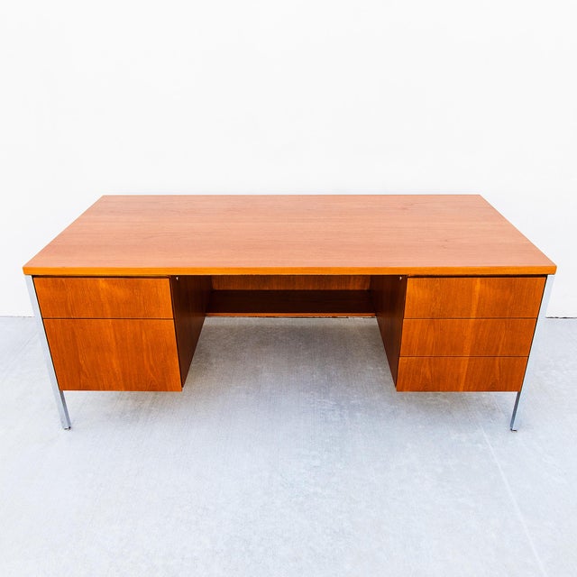 Vintage 1960s Mid Century Modern Teak & Chrome Executive Desk After Florence Knoll For Sale - Image 14 of 14